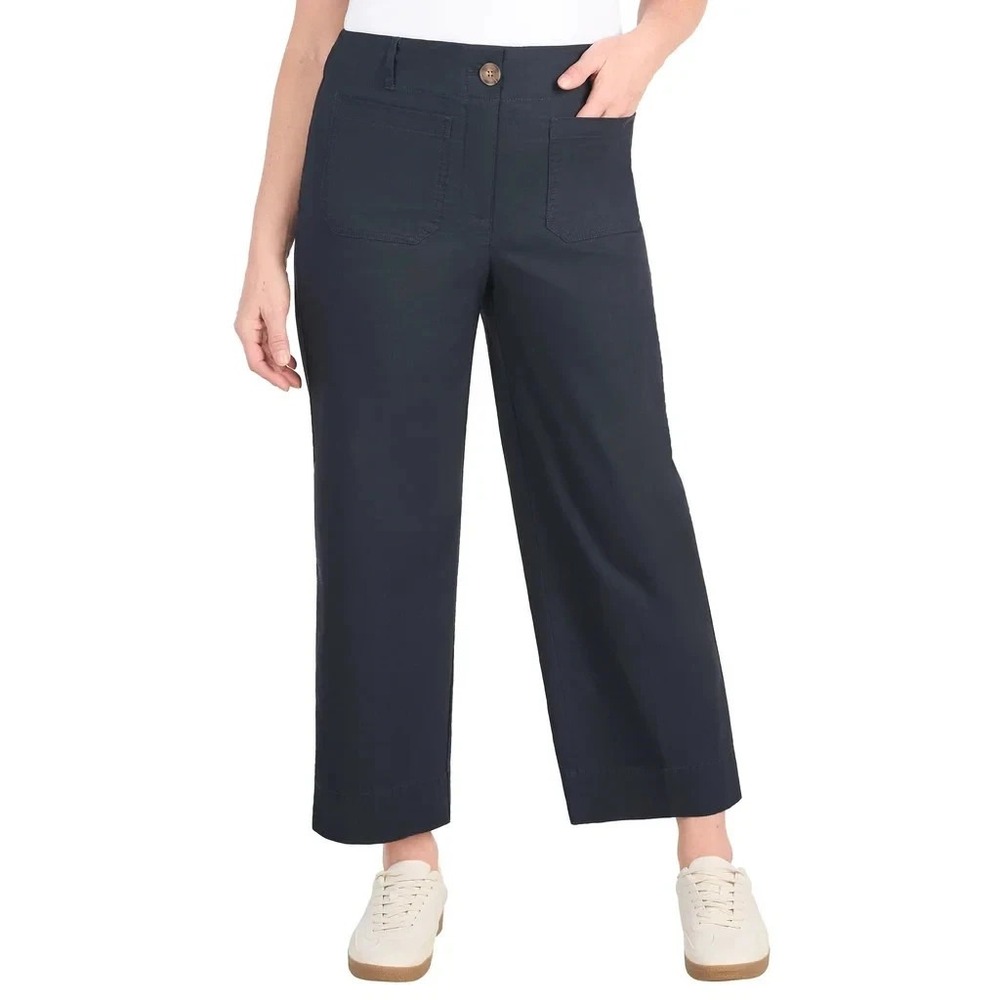 Hilary Radley Womens Wide Leg Pant Navy Blue Size 8 Solid Stretch Linen Blend